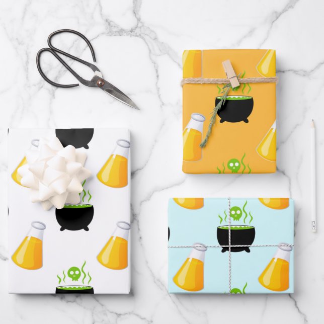 Bubbling Cauldron Magic Potion Skull Halloween Wrapping Paper Sheets (Front)