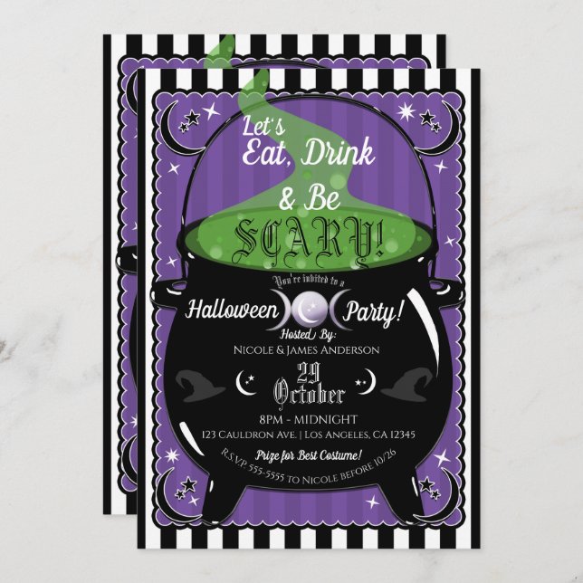 Bubbling Cauldron Whimsical Witch Halloween Party Invitation (Front/Back)