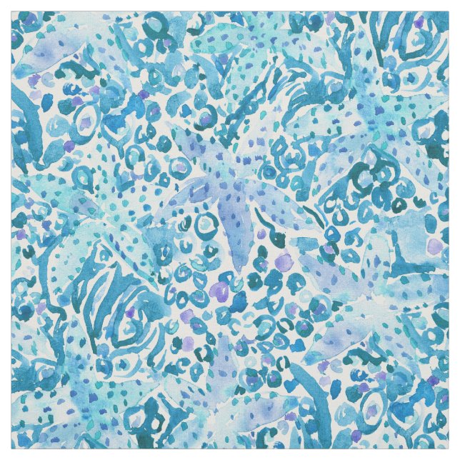 BUBBLING STARFISH Blue Coastal Print Fabric (Swatch)