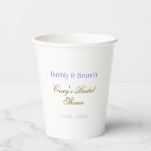 Bubbly and brunch bridal shower name date purple g paper cups