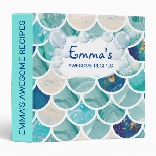 Bubbly Aqua turquoise marble mermaid fish scales 3 Ring Binder