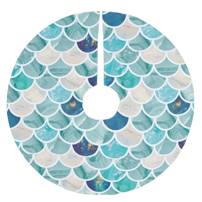 Bubbly Aqua turquoise marble mermaid fish scales Brushed Polyester Tree Skirt (Front)