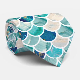 Bubbly Aqua turquoise marble mermaid fish scales Neck Tie