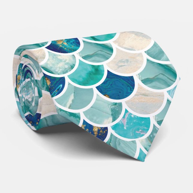Bubbly Aqua turquoise marble mermaid fish scales Neck Tie (Rolled)