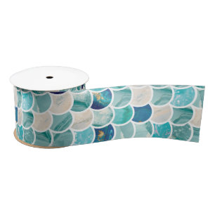 Bubbly Aqua turquoise marble mermaid fish scales Satin Ribbon