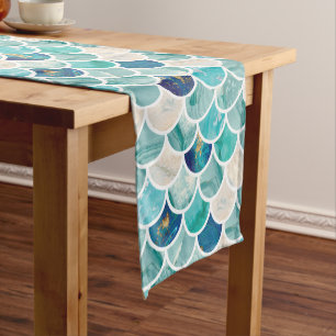 Bubbly Aqua turquoise marble mermaid fish scales Short Table Runner