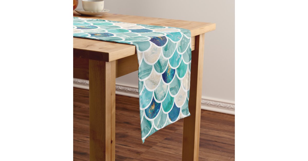Bubbly Aqua turquoise marble mermaid fish scales Short Table Runner