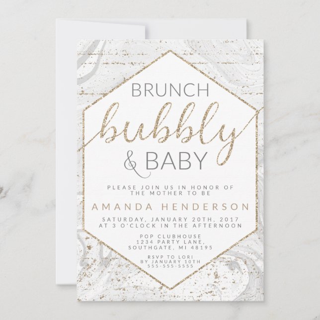 Bubbly & Baby Gray Marble Baby Shower Invitation (Front)
