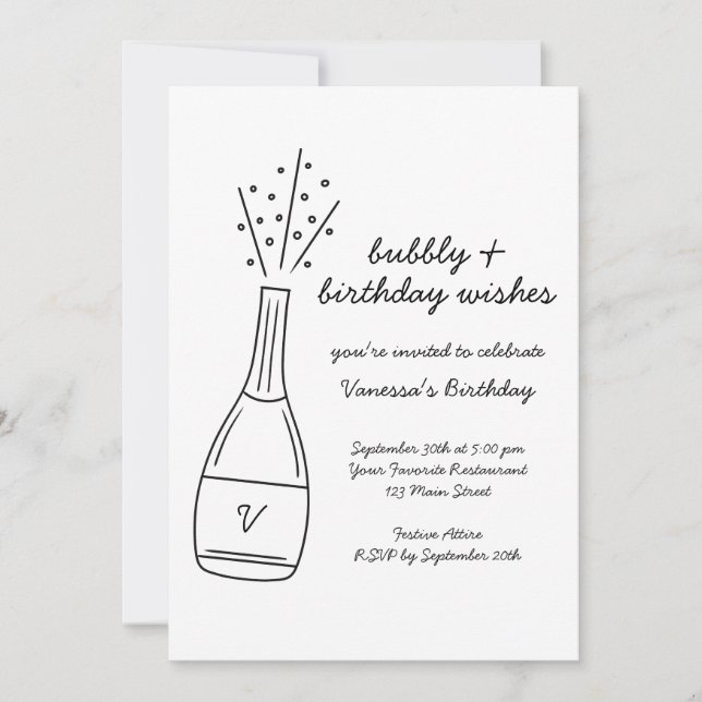 Bubbly Birthday Wishes Popping Champagne Bottle Invitation (Front)