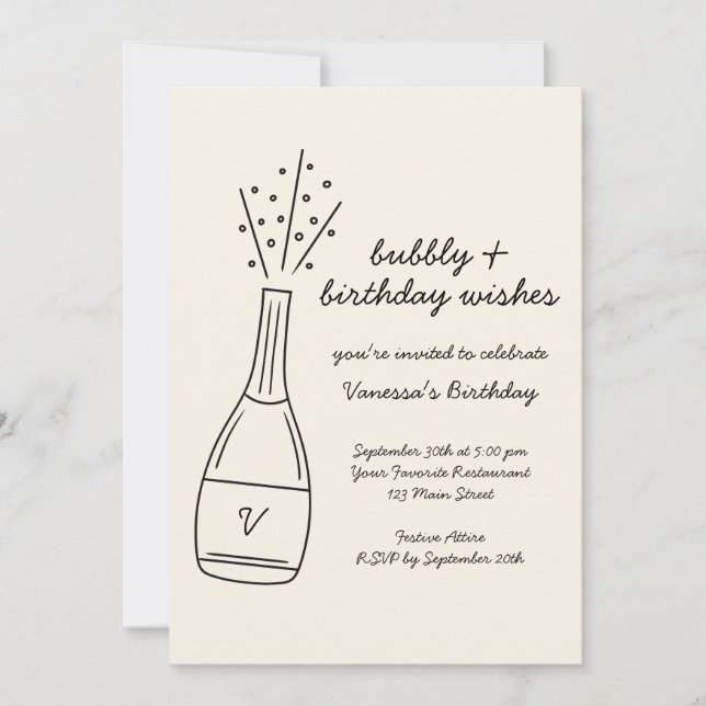 Bubbly Birthday Wishes Popping Champagne Bottle Invitation (Front)