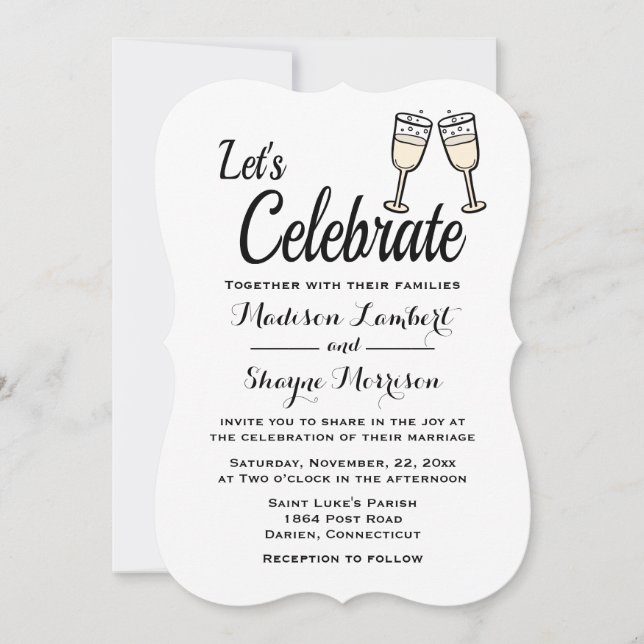 Bubbly Black & White Wedding Champagne Glasses Invitation (Front)