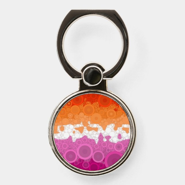 Bubbly Bohemian Groovy Abstract Lesbian Pride Flag Phone Ring Stand (Front)