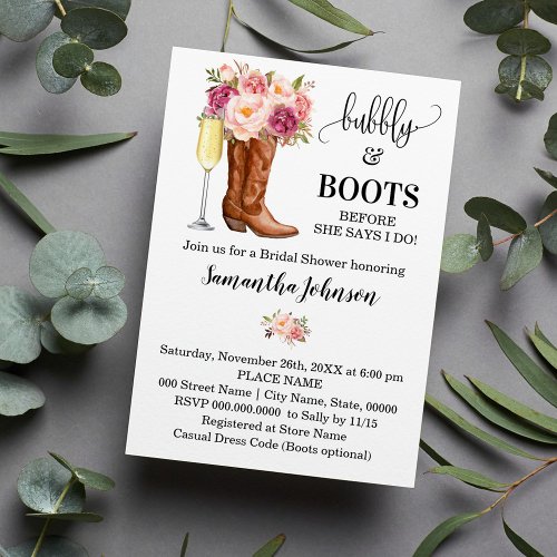 Bubbly  Boots Bridal Shower Pink flowers Invitation