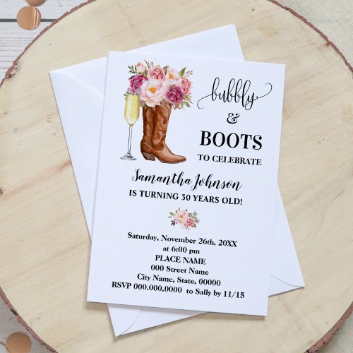 Bubbly  Boots Pink Flowers Birthday Invitation