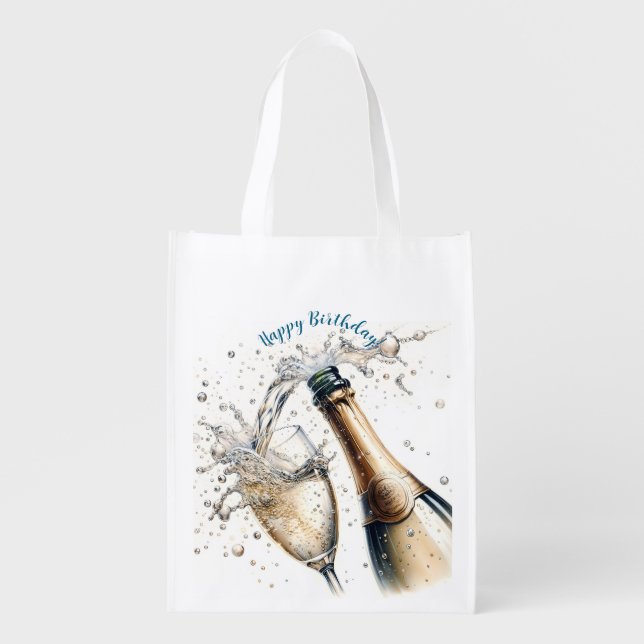 Bubbly champagne Happy Birthday Grocery Bag (Front)