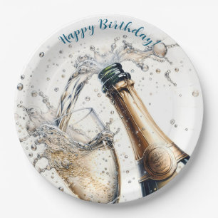 Bubbly champagne Happy Birthday Paper Plates