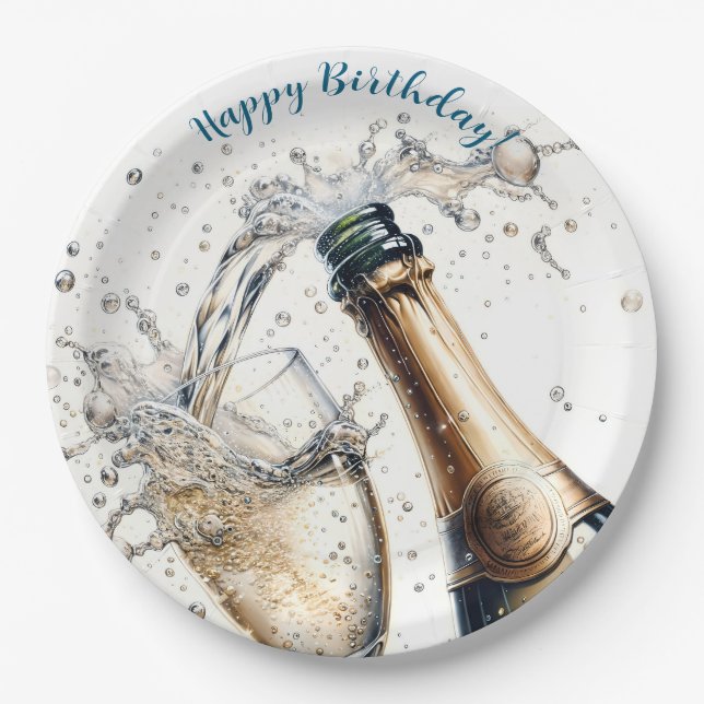 Bubbly champagne Happy Birthday Paper Plates (Front)