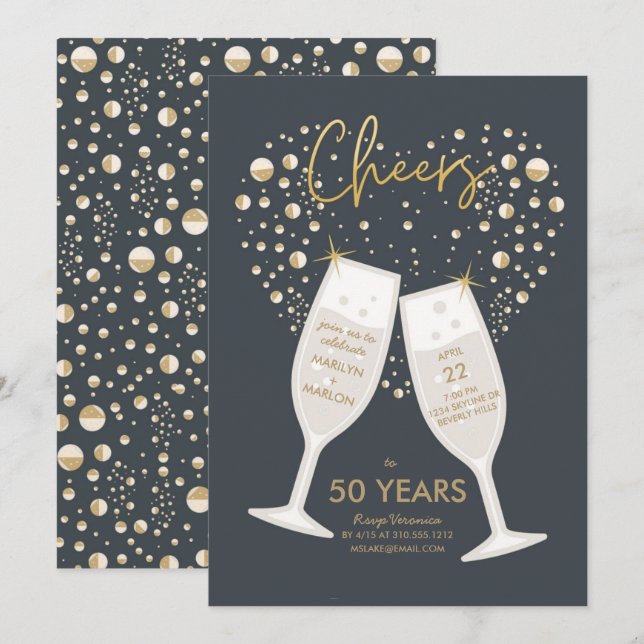 Bubbly Cheers Champagne Wedding Anniversary Party Invitation (Front/Back)