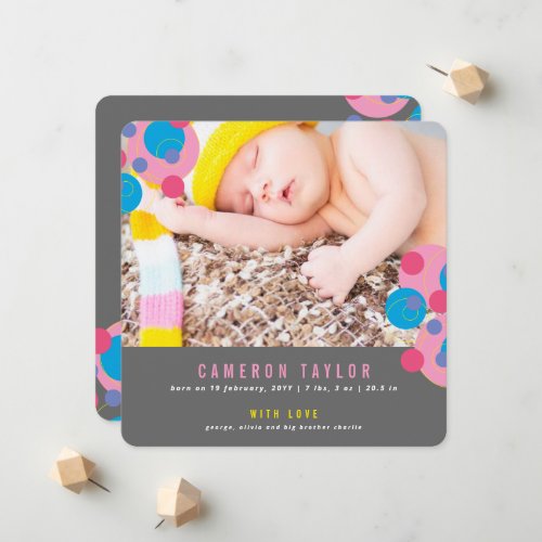 Bubbly Circles Baby Girl Photo Birth Announcement