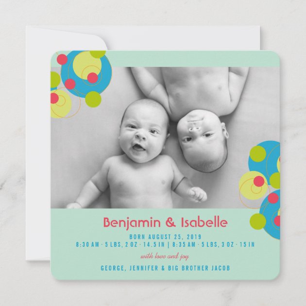 Bubbly Circles Baby Twins Photo Birth Announcement
