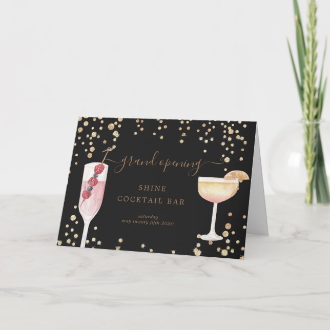 bubbly cocktail gold and glitter grand opening card (Front)