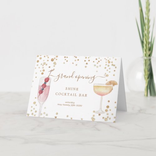 bubbly cocktail gold and glitter grand opening card