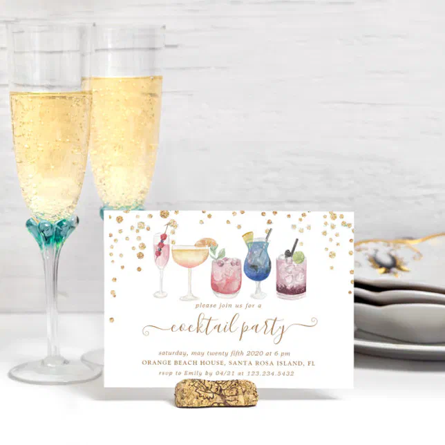 Bubbly Cocktails Gold And Glitter Cocktail Party Invitation Zazzle