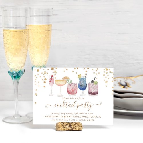 Bubbly Cocktails Gold and Glitter Cocktail Party  Invitation