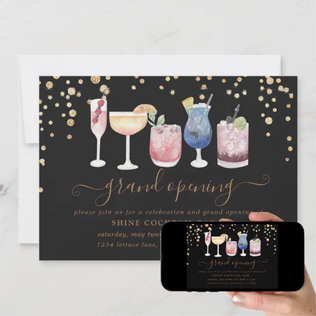 bubbly cocktails gold and glitter grand opening invitation Zazzle