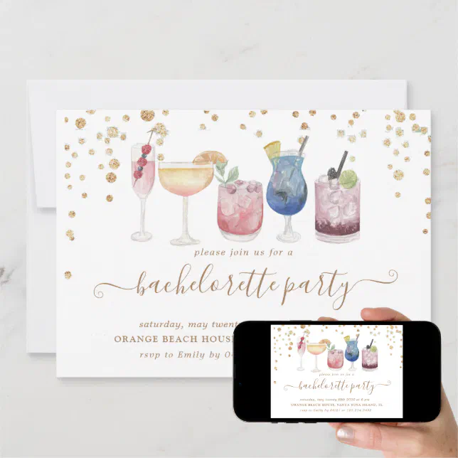 Bubbly Cocktails Gold Glitter Bachelorette Party Invitation Zazzle