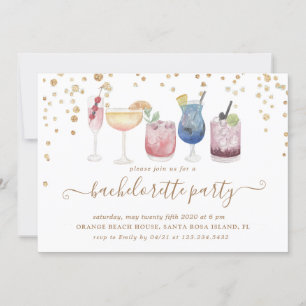 Bubbly Cocktails Gold Glitter Bachelorette Party Invitation