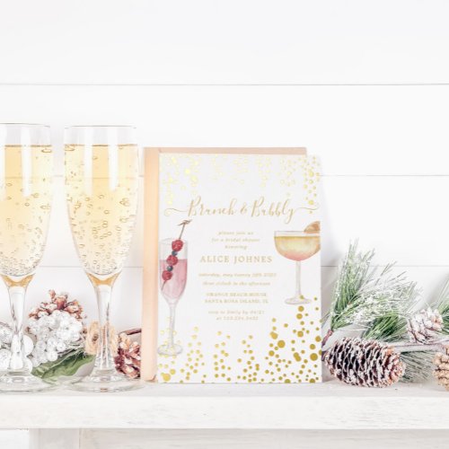 Bubbly Cocktails Gold Glitter Bridal Brunch Foil Invitation