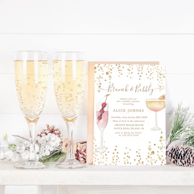 Bubbly Cocktails Gold Glitter Bridal Brunch Invitation Zazzle