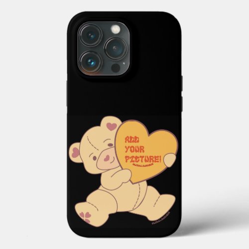 Bubbly Cute Bear Pink Colorway iPhone 13 Pro Case - light beige cute cartoon valentine's bear where you can add your own image inside a heart

