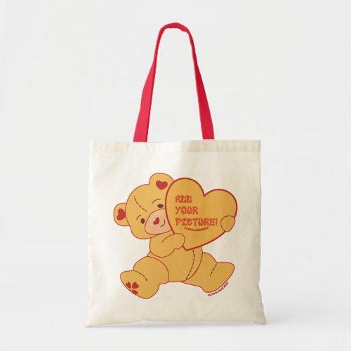 Bubbly Cute Bear Red Colorway Tote Bag - beige cute cartoon valentine's bear where you can add your own image inside a heart  with "I Love You Bear-y Much" phrase
