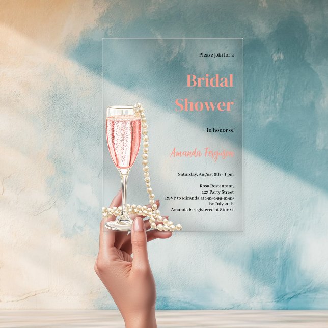 Bubbly lunch prosecco pearls pink Bridal Shower Acrylic Invitations (Creator Uploaded)