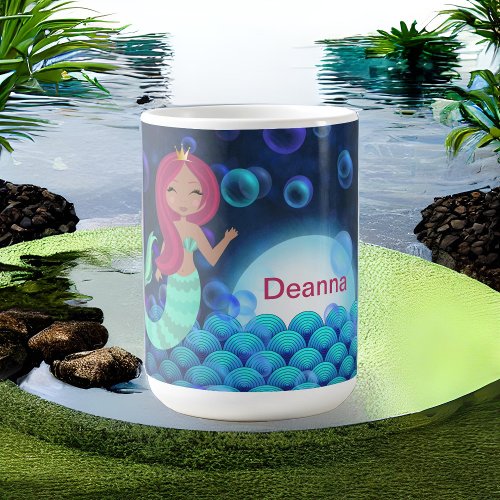 Bubbly Mermaid in Green and Blue in Moonlit Ocean Coffee Mug