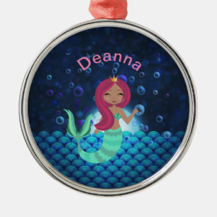 Bubbly Mermaid in Green and Blue in Moonlit Ocean Metal Ornament