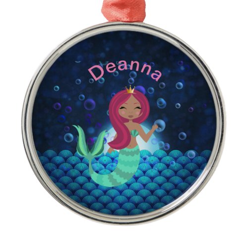 Bubbly Mermaid in Green and Blue in Moonlit Ocean Metal Ornament