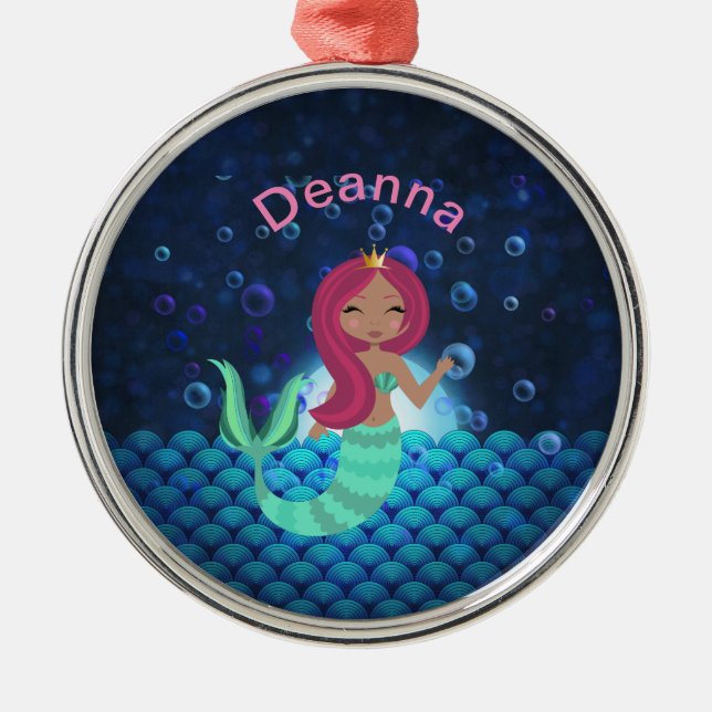 Bubbly Mermaid in Green and Blue in Moonlit Ocean Metal Ornament (Front)