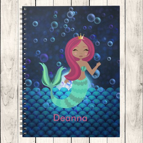 Bubbly Mermaid in Green and Blue in Moonlit Ocean Notebook