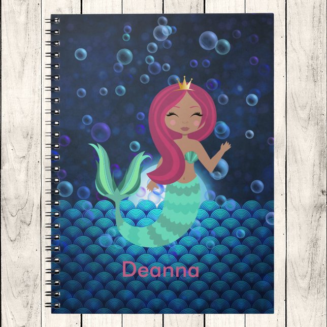 Bubbly Mermaid in Green and Blue in Moonlit Ocean Notebook (Creator Uploaded)