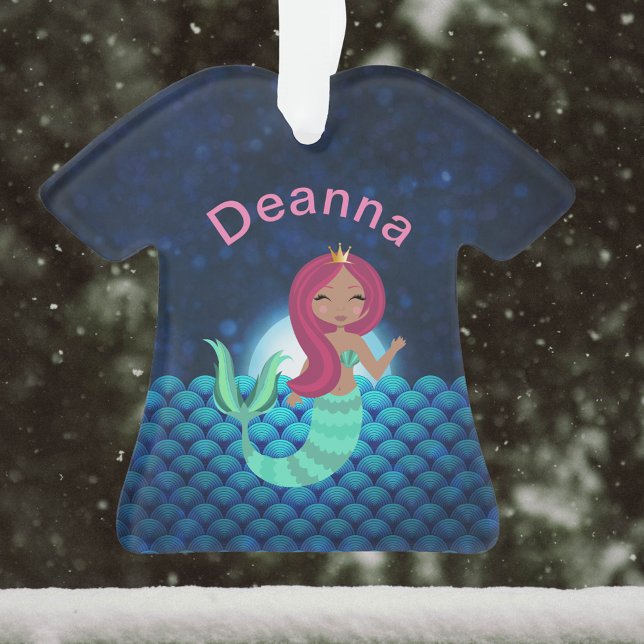 Bubbly Mermaid in Green and Blue in Moonlit Ocean Ornament (Creator Uploaded)