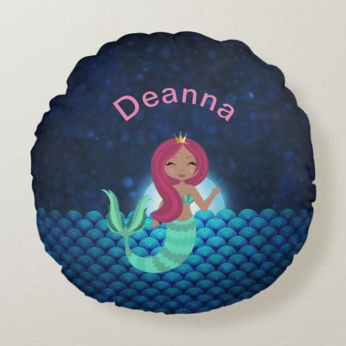 Bubbly Mermaid in Green and Blue in Moonlit Ocean Round Pillow