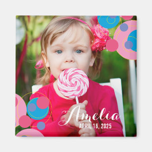 Bubbly Pink & Blue Polka Dots Kids Birthday Photo Magnet
