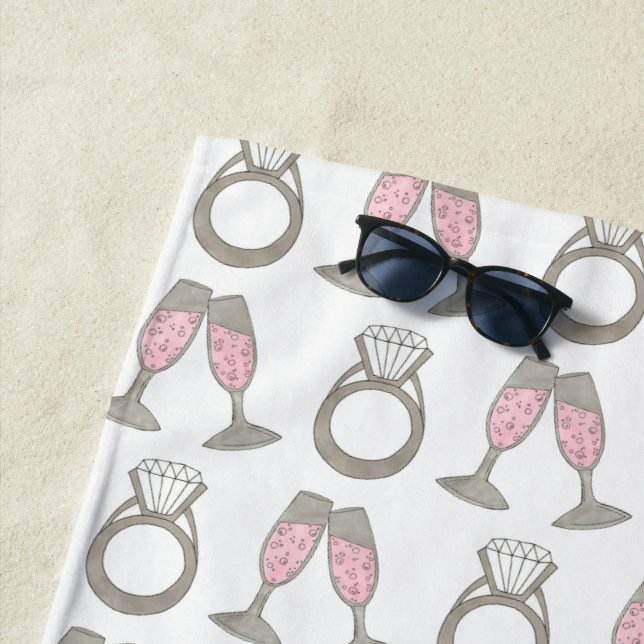 Bubbly Pink Champagne Diamond Ring Personalized Beach Towel (In Situ)
