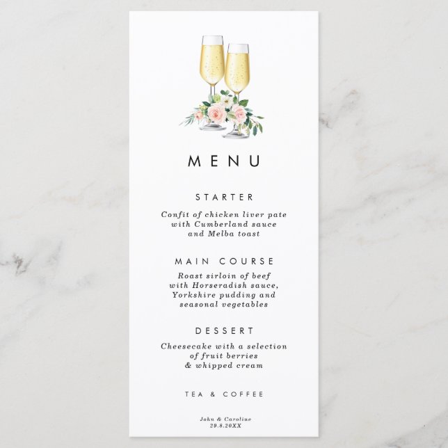 bubbly pink floral greenery wedding menu cards (Front)