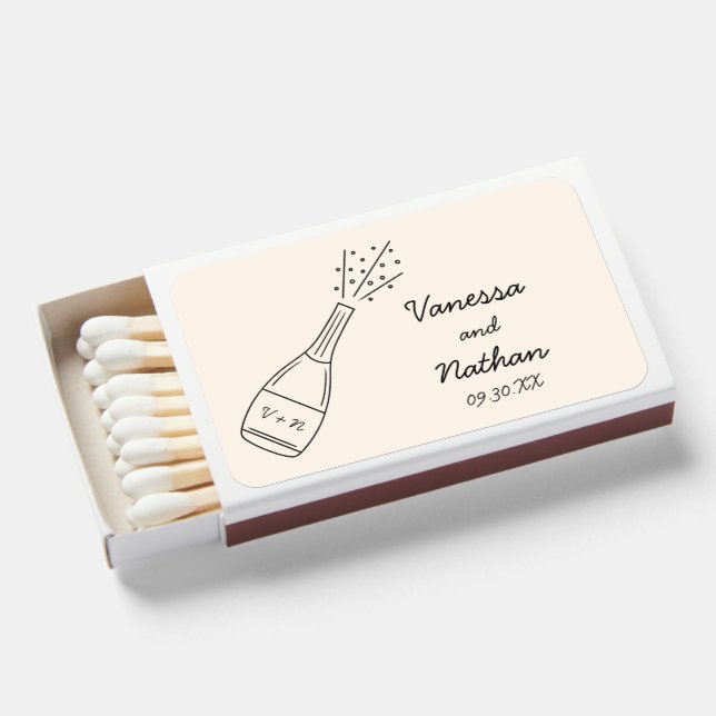 Bubbly Popping Champagne Bottle Whimsical Wedding Matchboxes (Front Open)