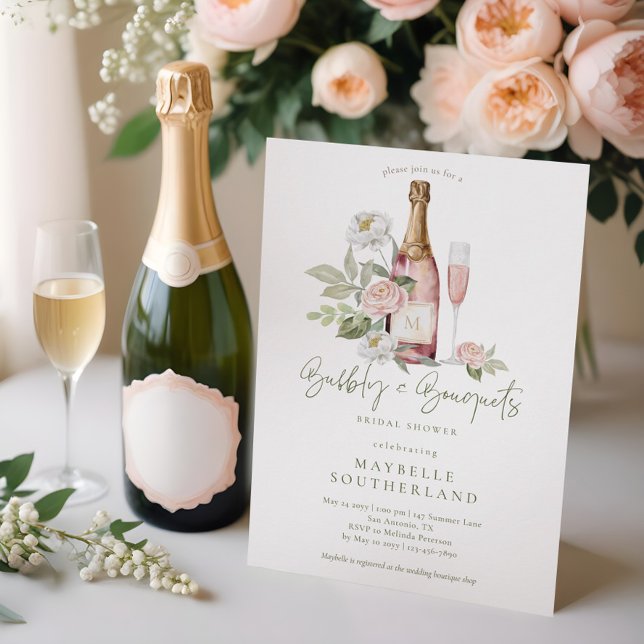 Bubbly Prosecco Watercolor Bouquet Bridal Shower  Invitation (Watercolor Pink Peony Floral Blossom Bridal Shower Invitation)