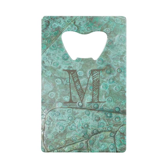 Bubbly Verdigris Bronze Custom Monogram Credit Card Bottle Opener (Front)